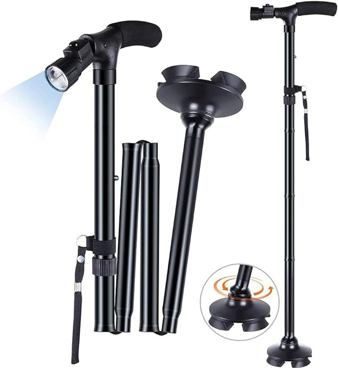 Bastón plegable ajustable con luz LED y base estable para brindar apoyo en los desplazamientos diarios