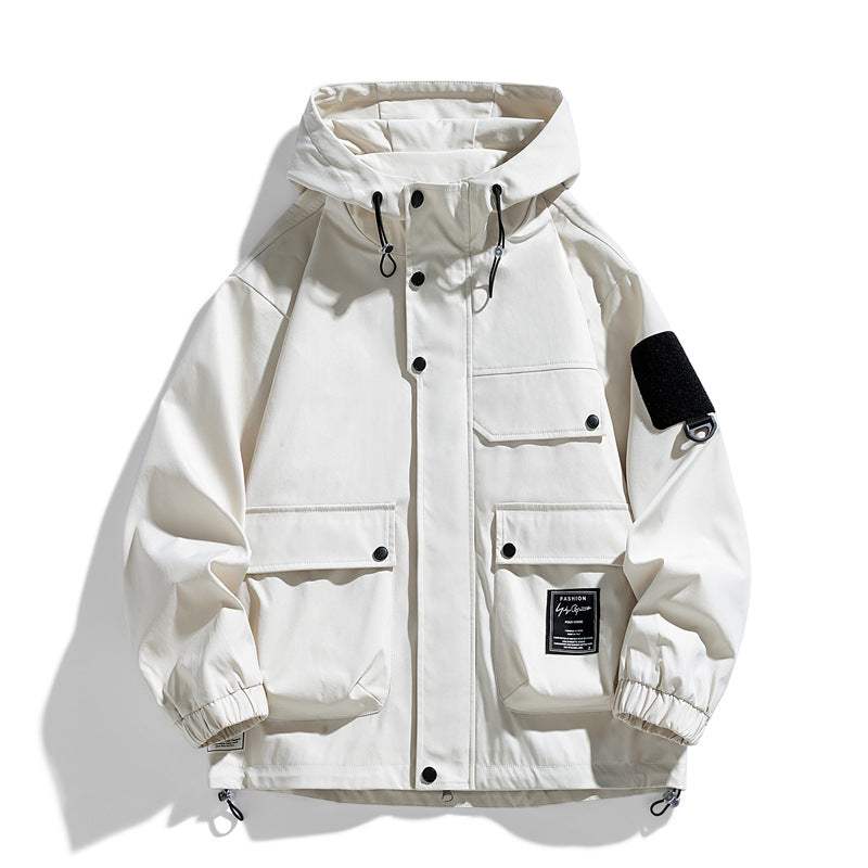 Chaqueta Casual para Hombre blanca de poliéster con capucha, bolsillos frontales y cierre de botones, estilo moderno