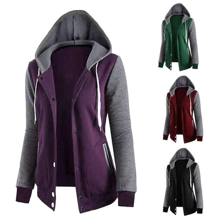 Chaqueta de Algodón con capucha para mujer en varios colores con mangas grises y cierre frontal con botones