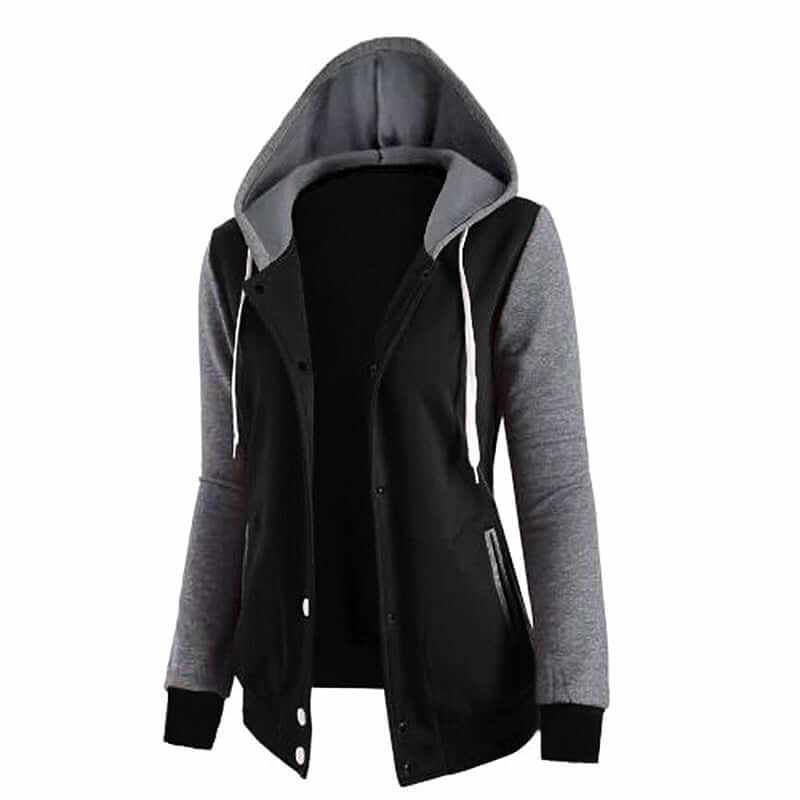 Chaqueta de Algodón para mujer con capucha negra y gris, mangas largas y cierre frontal de botones.