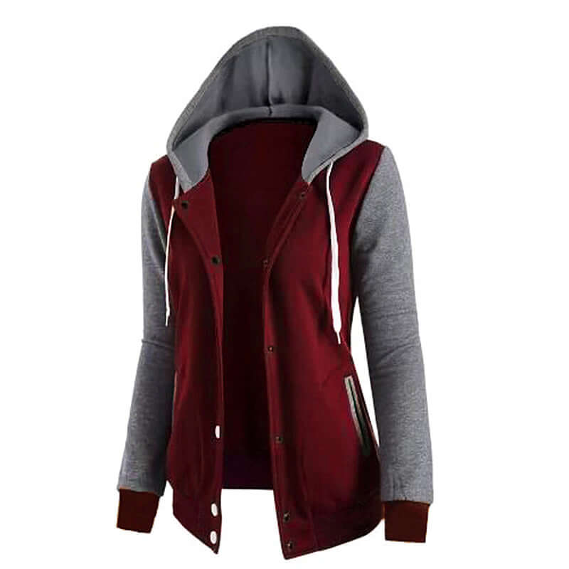Chaqueta de Algodón para mujer en color burdeos con mangas grises y capucha gris con cordones blancos