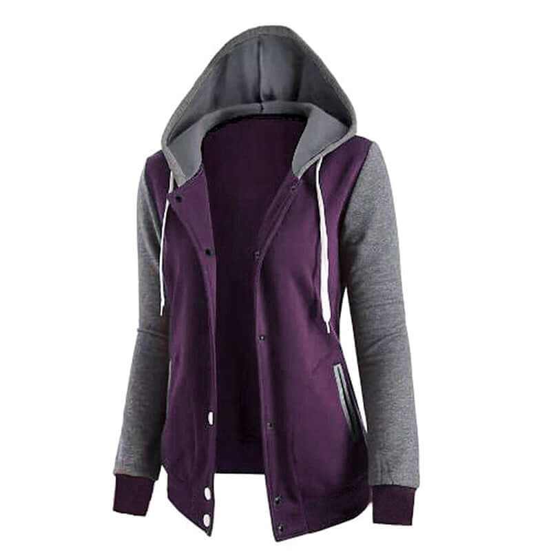 Chaqueta de Algodón para mujer en color morado con capucha gris, mangas largas grises y cierre frontal de botones