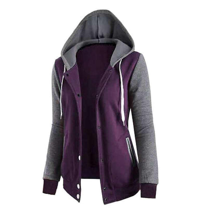 Chaqueta de Algodón para mujer en color morado con capucha gris, mangas largas grises y cierre frontal de botones