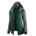 Chaqueta de Algodón para mujer con capucha, cuerpo verde y mangas grises, diseño casual con cierre y bolsillos