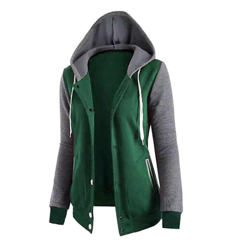 Chaqueta de Algodón para mujer con capucha, cuerpo verde y mangas grises, diseño casual con cierre y bolsillos