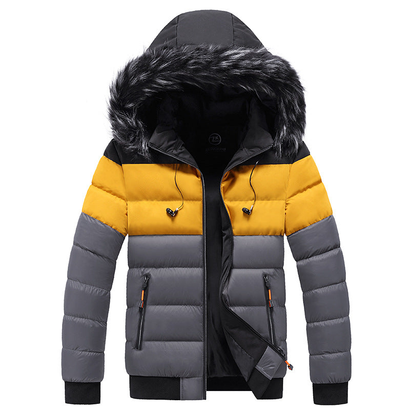 Chaqueta de Invierno acolchada para hombre en gris y amarillo con capucha y borde de piel sintética negra