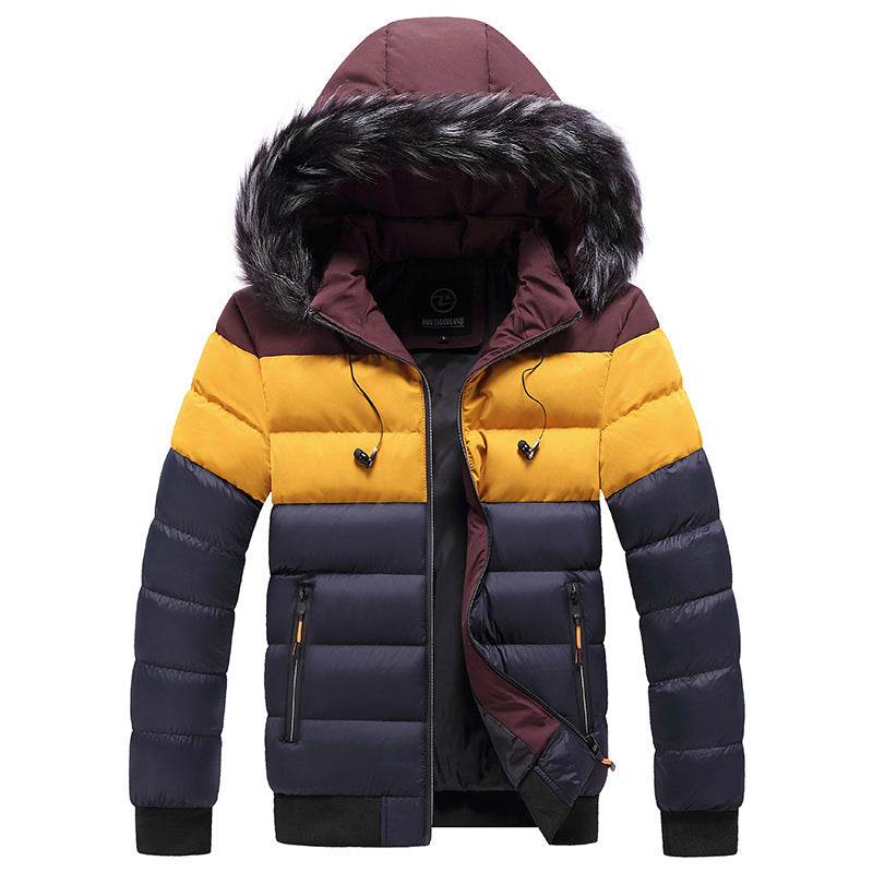 Chaqueta de Invierno acolchada para hombre con capucha, diseño combinado en burdeos, amarillo y azul marino con cierre y borde de piel sintética