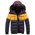 Chaqueta de Invierno acolchada para hombre con capucha, diseño combinado en burdeos, amarillo y azul marino con cierre y borde de piel sintética