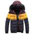 Chaqueta de Invierno acolchada para hombre con capucha, diseño combinado en burdeos, amarillo y azul marino con cierre y borde de piel sintética
