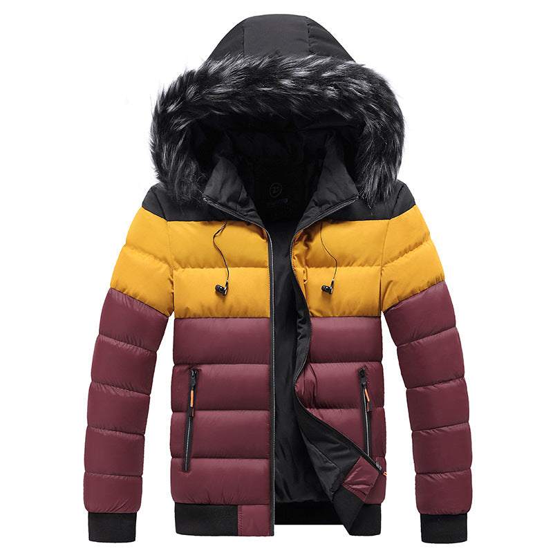 Chaqueta de Invierno acolchada para hombre en colores amarillo mostaza, burdeos y negro con capucha de pelo sintético