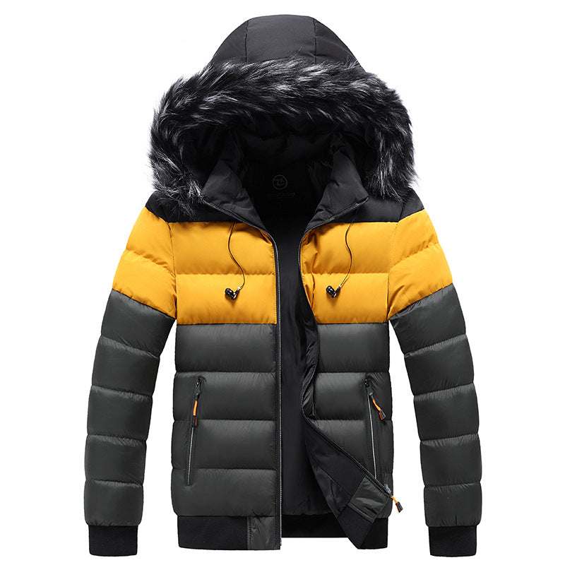 Chaqueta de Invierno acolchada para hombre en negro, gris y amarillo con capucha y borde de piel sintética