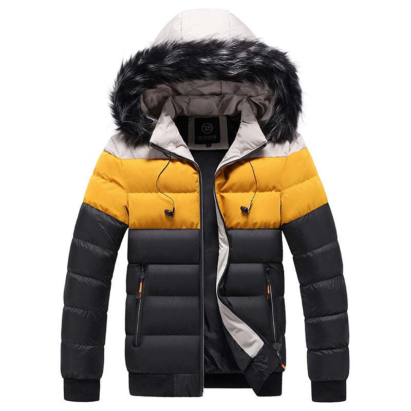 Chaqueta de Invierno acolchada para hombre en colores negro, amarillo y gris con capucha y borde de peluche negro