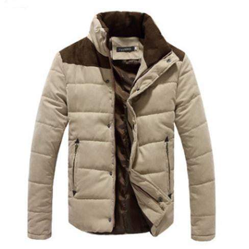Chaqueta Parka Cortavientos beige para hombre con detalles marrones, acolchada y cierre con botones y cremallera