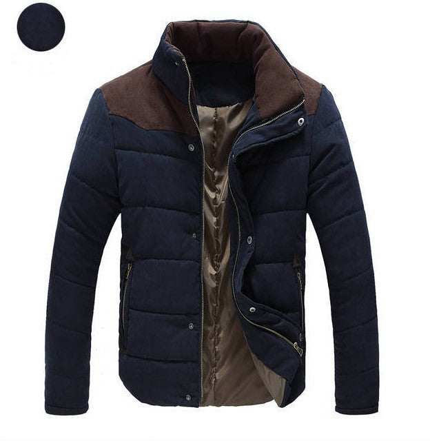 Chaqueta Parka Cortavientos azul marino para hombre con detalles marrones, acolchada y con cierre de botones y cremallera