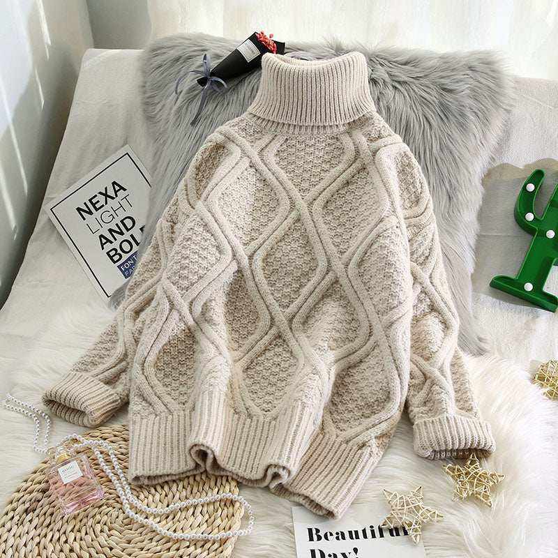 Suéter tejido de cuello alto beige con patrón de rombos y acabado grueso, cálido y cómodo para invierno