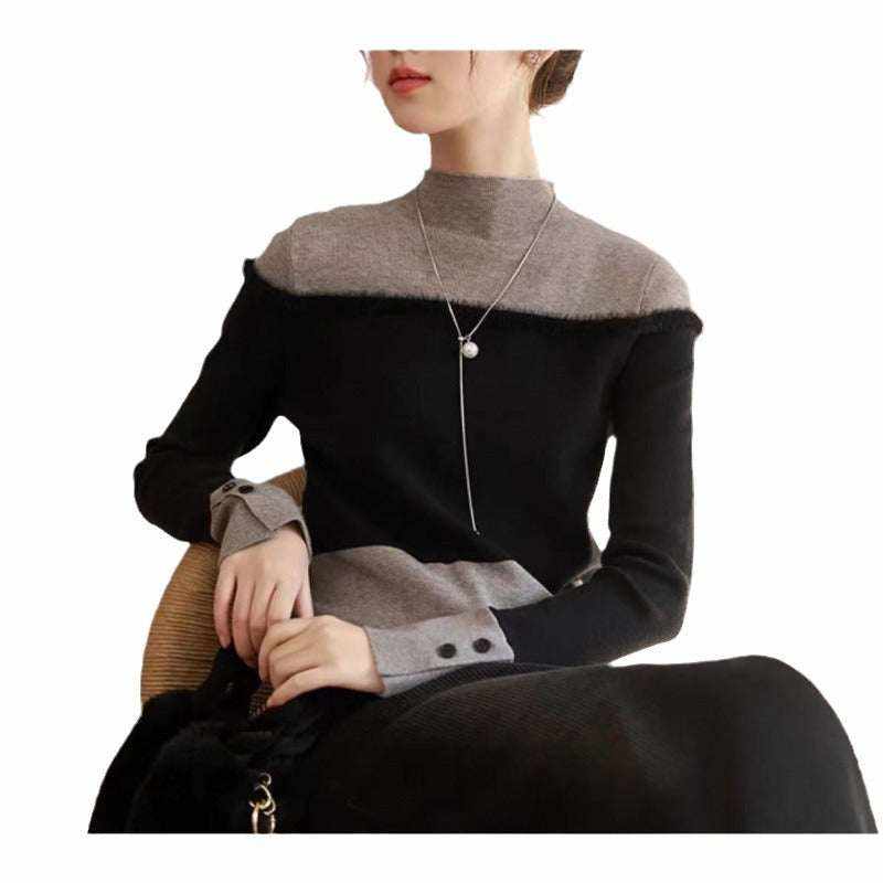 Suéter tejido de dos piezas para mujer en colores negro y gris con diseño de cuello alto y mangas largas con botones