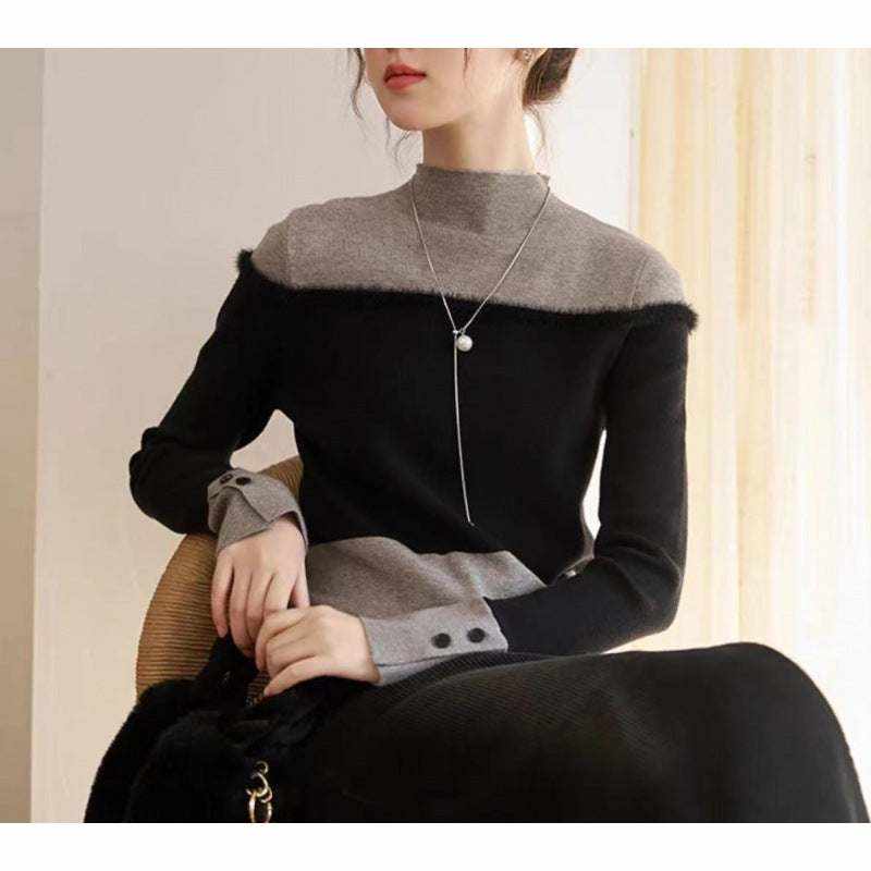 Suéter tejido de dos piezas para mujer en colores gris y negro con diseño en capas y cuello alto ajustado