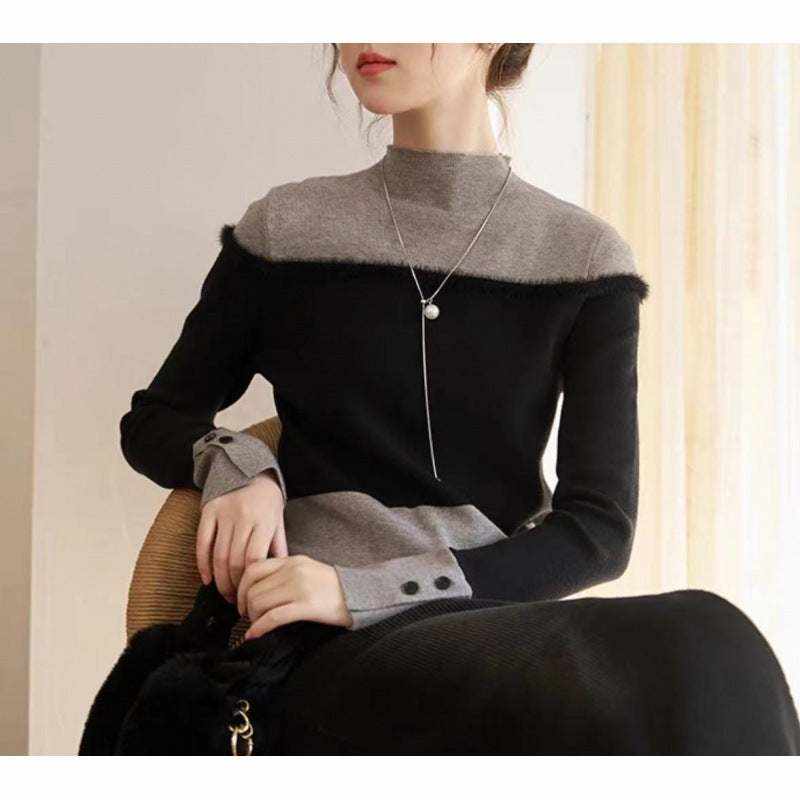 Suéter tejido de dos piezas para mujer en negro y gris con diseño en capas y detalles en botones en las mangas
