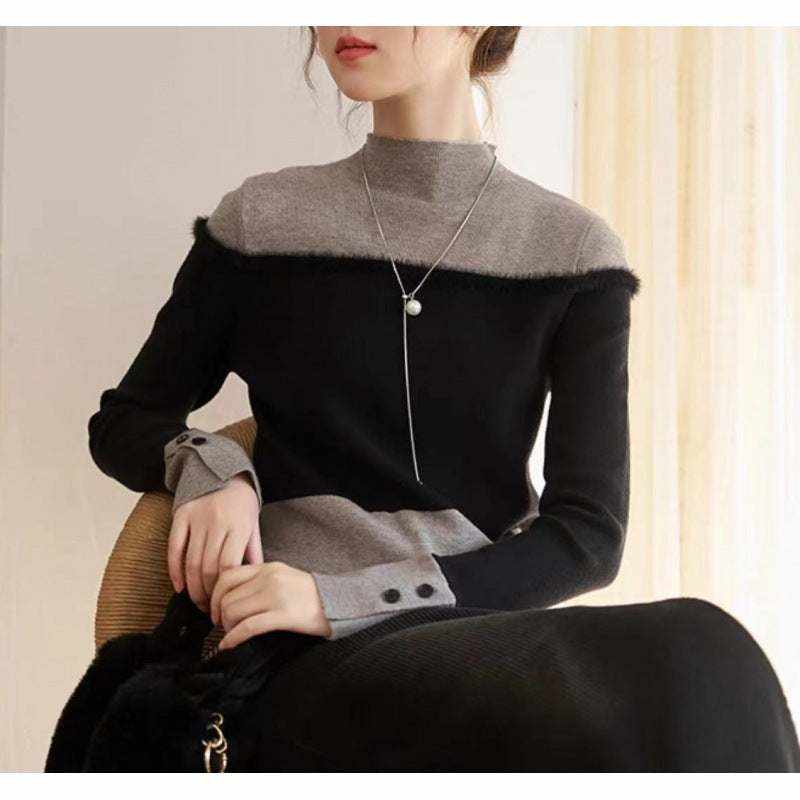 Suéter tejido de dos piezas negro y gris para mujer con cuello alto y diseño en capas elegante y cómodo